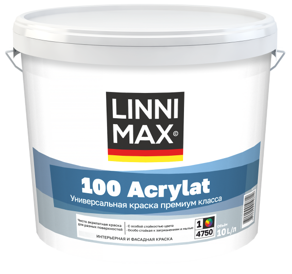Краска водно-дисперсионная для наружных и внутренних работ LINNIMAX 100 Acrylat / 100 Акрилат полуматовая Краска водно-дисперсионная для наружных и внутренних работ LINNIMAX 100 Acrylat / 100 Акрилат полуматовая