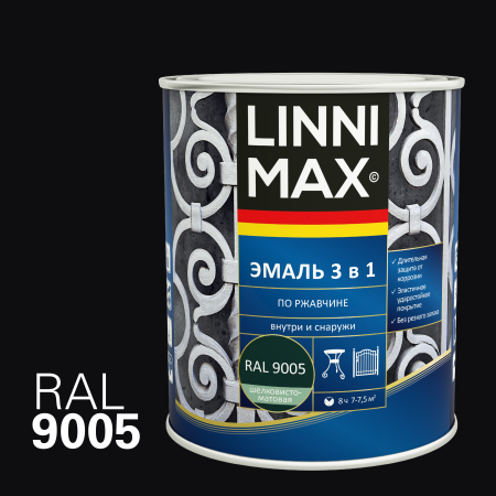 Эмаль алкидно-уретановая LINNIMAX Эмаль по ржавчине 3 в 1 (черный RAL 9005, 0.75 л)